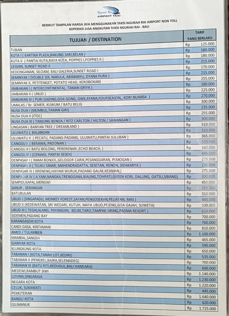 バリ島エアポートタクシー料金表