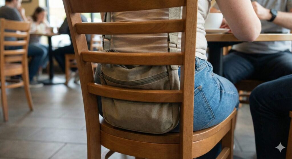 かばんは背もたれと腰の間に挟んでおくのが安全です