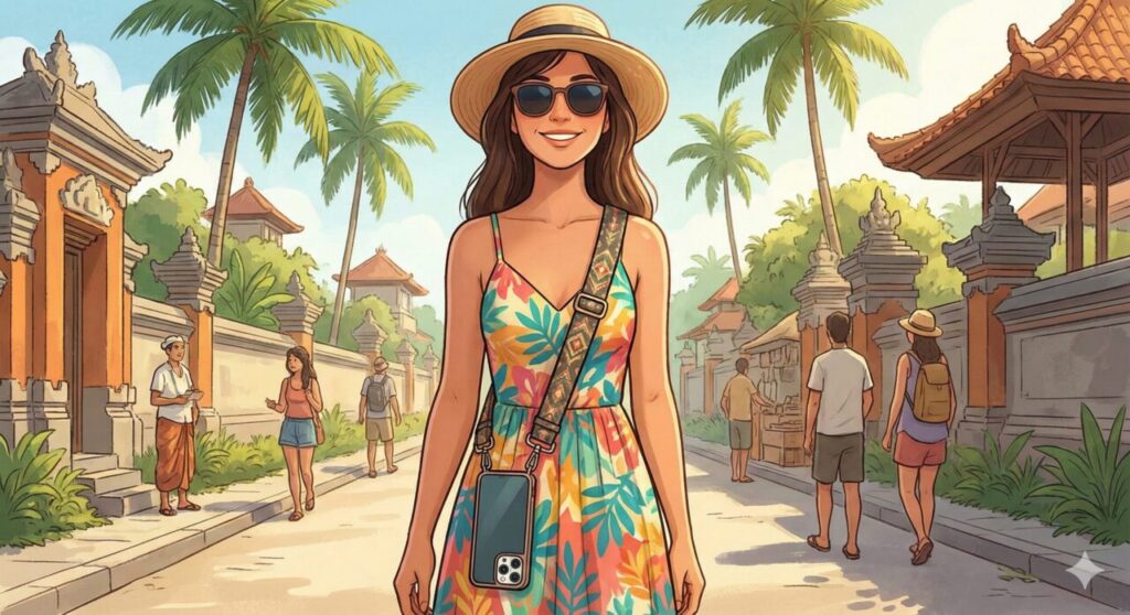 安全のためスマホストラップを斜め崖している女性のイラスト（AIイメージ図）